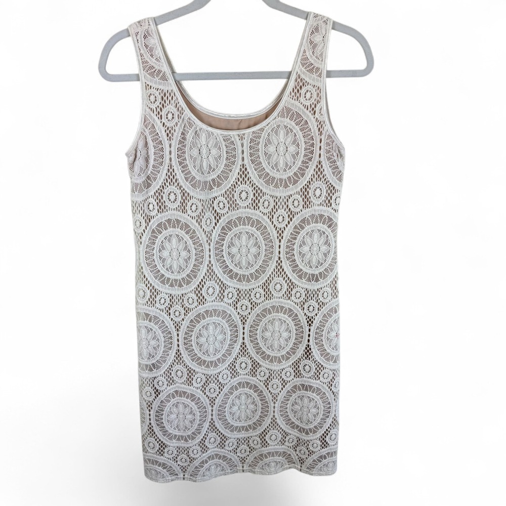 Tiana B Womens White Crochet Lace Medallion‎ Sleeveless Shift Dress Tan Lining M